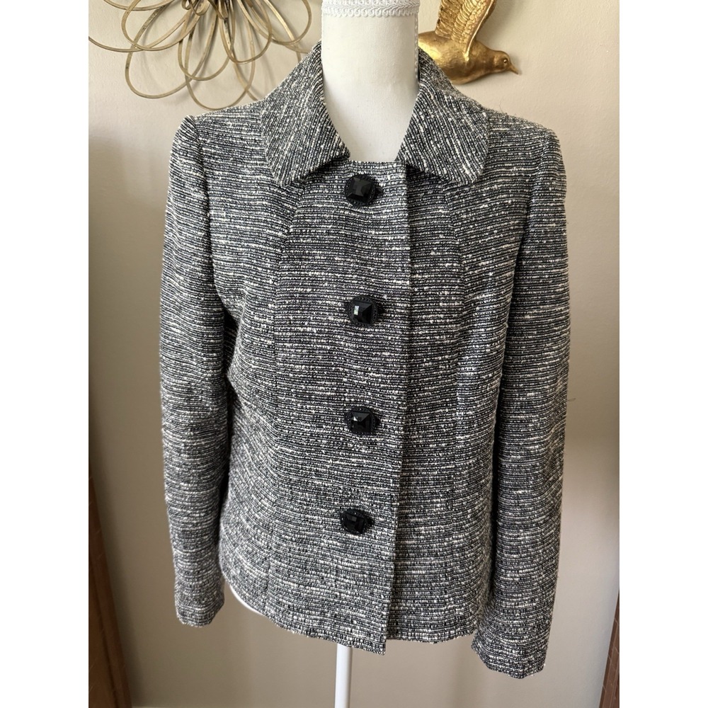 Womens Kasper Tweed Blazer Jacket Pink Black White Print 2 Button Size 8